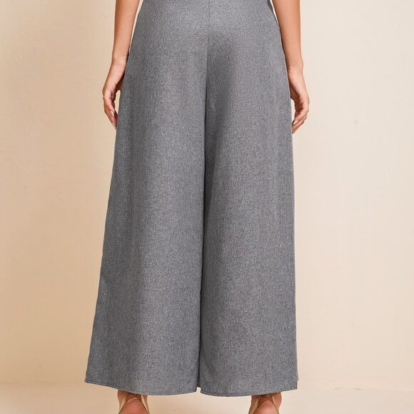 Grey Casual Womens Fold Pleated Detail Wide Leg Pants - Picture 2 of 5